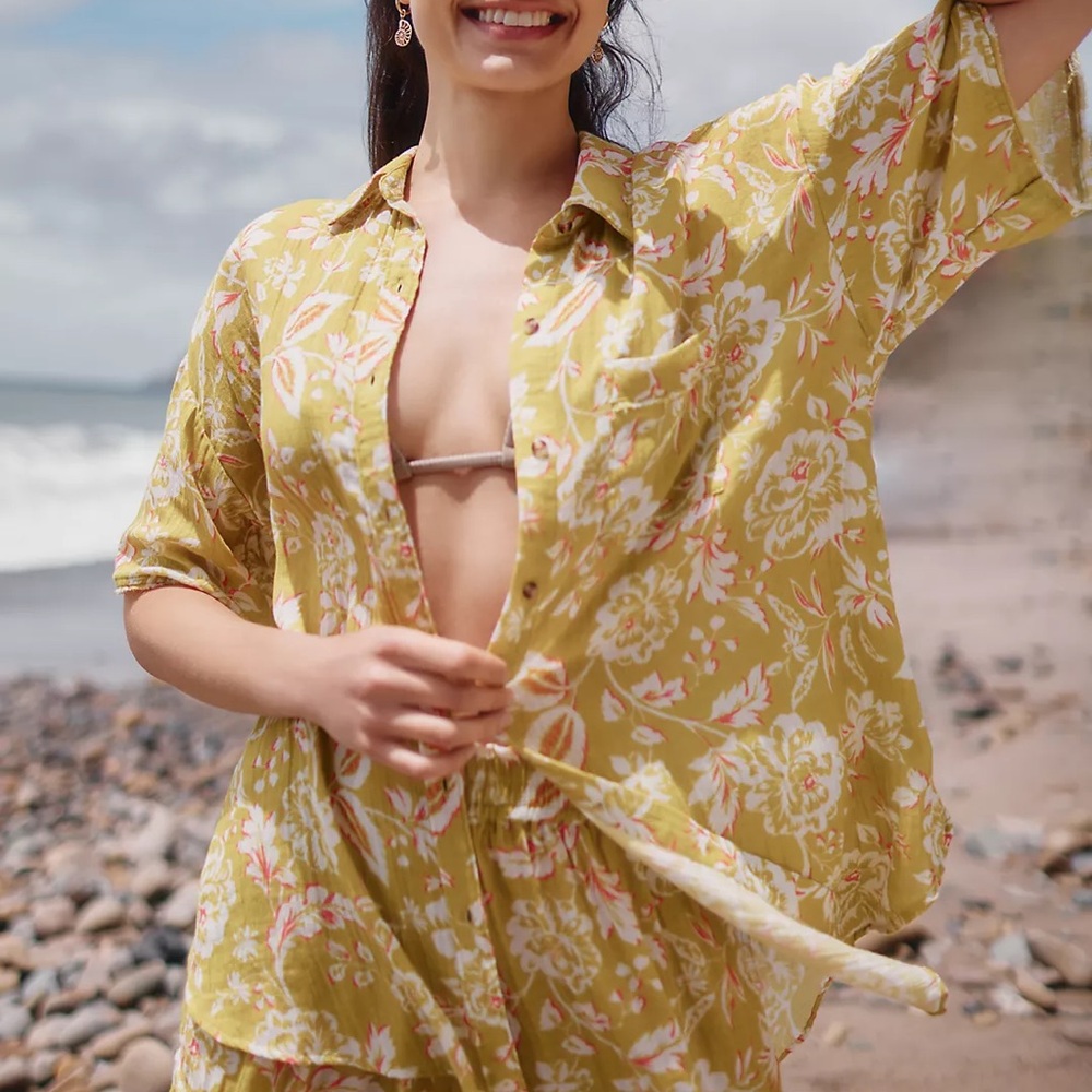 Anthropologie Oversized Floral Beach Vacation Coverup Shirt size medium - Picture 2 of 7